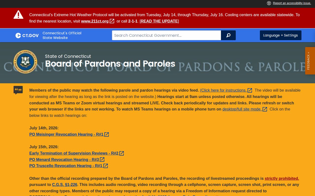 Bristol parole release hearing information from Connecticut BOPP