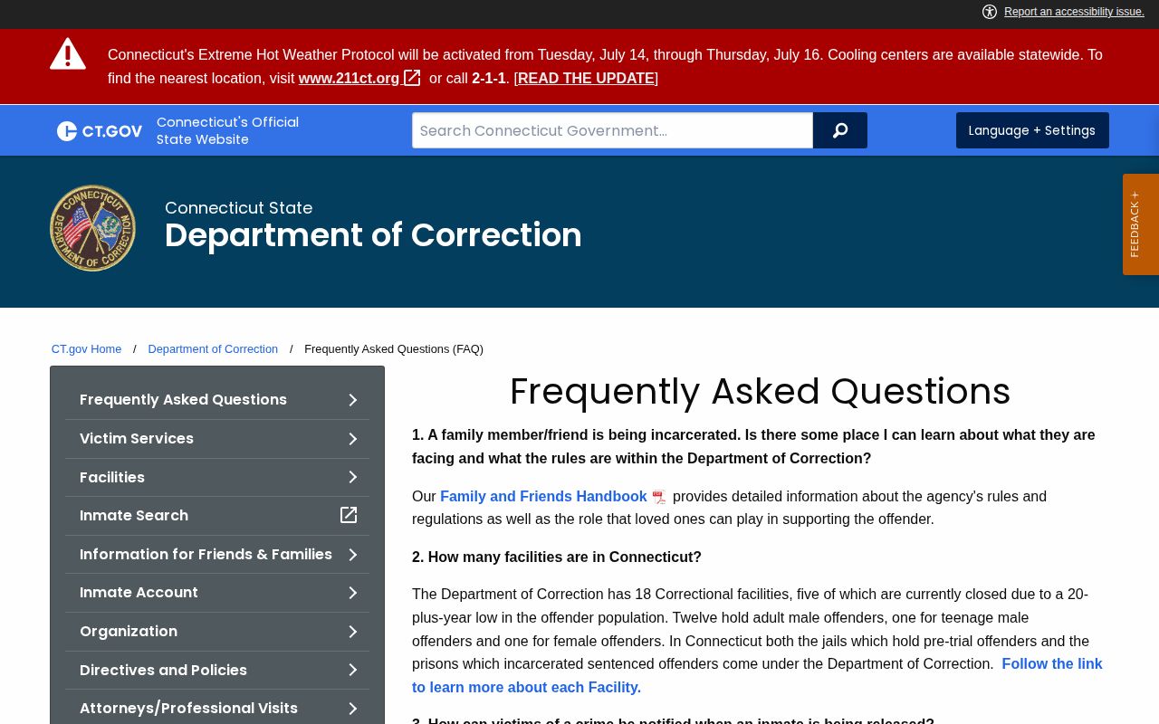 Bristol projected release date fields in the Connecticut DOC FAQ